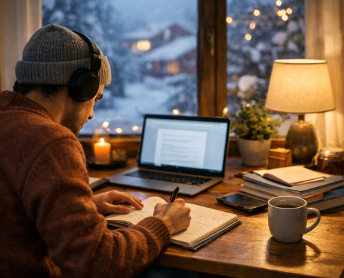Étudiant révisant en hiver pour une formation, bureau chaleureux, lumière douce, ordinateur et cahier