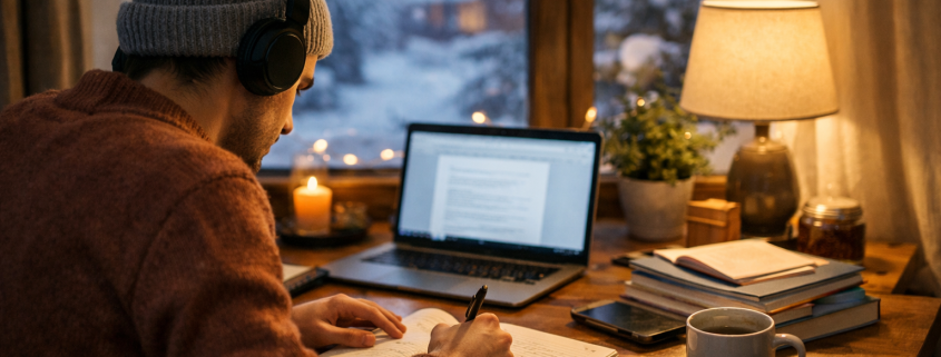 Étudiant révisant en hiver pour une formation, bureau chaleureux, lumière douce, ordinateur et cahier