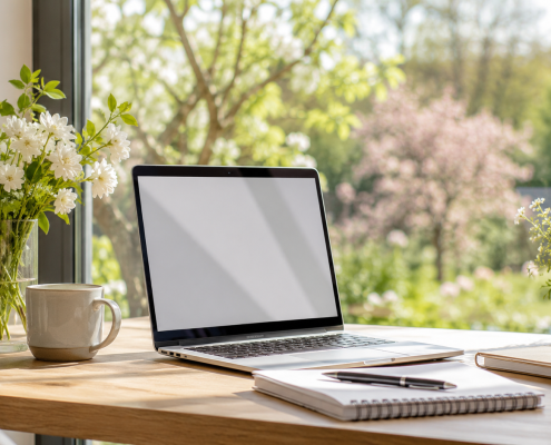 Espace de travail lumineux au printemps avec ordinateur portable, carnet et fleurs près d’une grande fenêtre pour illustrer un projet de formation