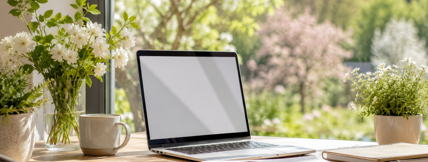 Espace de travail lumineux au printemps avec ordinateur portable, carnet et fleurs près d’une grande fenêtre pour illustrer un projet de formation